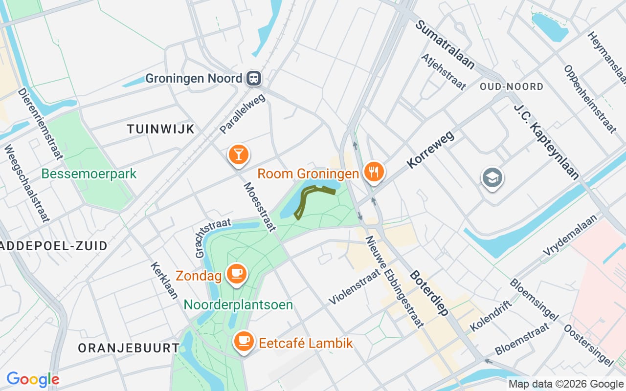 Losloopgebied Hondenlosloopgebied Grasveld Noorderplantsoen, tussen Moesstraat en Nieuwe Ebbingestraat + zuidzijde van vijver