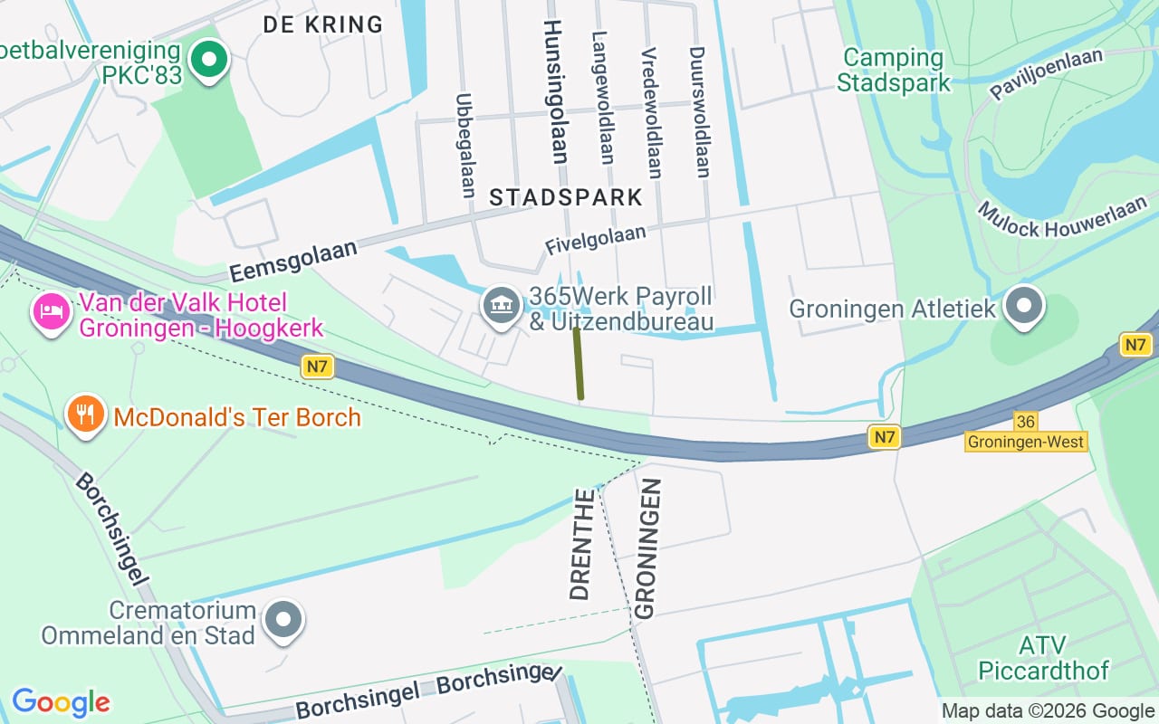 Losloopgebied Hondenlosloopgebied Wandelpad achter bedrijven oostkant Hunsingolaan tot aan Rozenburglaan en langs Hunsingolaan