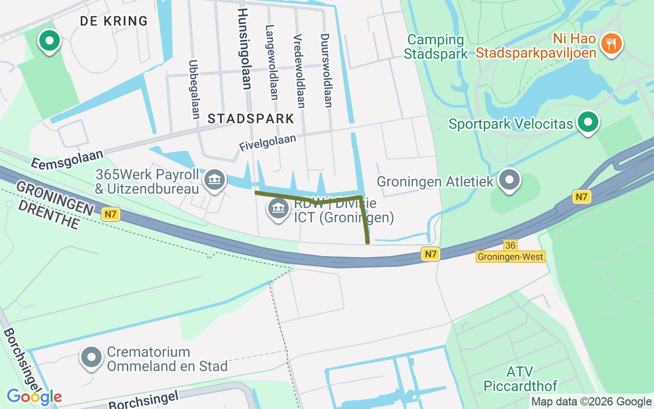 Losloopgebied Hondenlosloopgebied Wandelpad achter bedrijven oostkant Hunsingolaan tot aan Rozenburglaan en langs Hunsingolaan